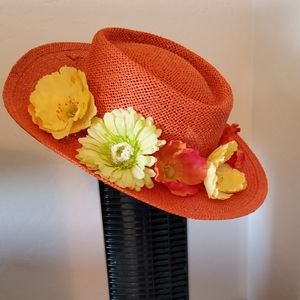 Ladies Orange Flower Banded Straw Hat
